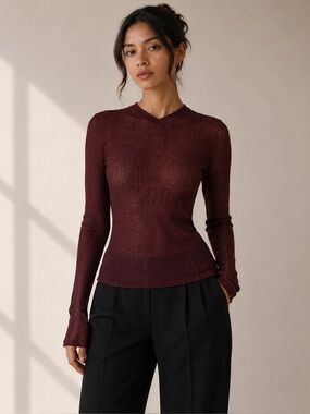 Victoria Beckham Minimalist Ribbed Knit Long Sleeve Burgundy Sweater Top S